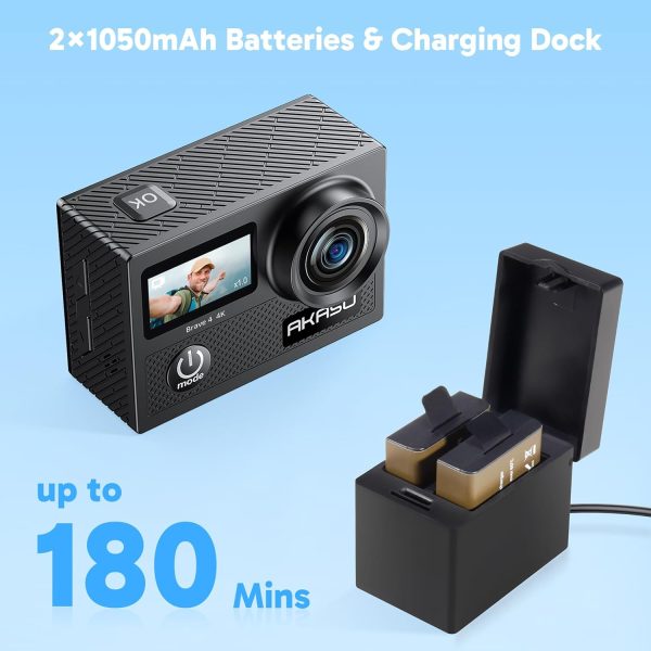 AKASO Brave 4 4K30fps 20MP WiFi Action Camera Ultra Hd with EIS 131ft Waterproof Camera Remote Control 5xZoom Underwater Camcorder with 2 Batteries and Bicycle Helmet Accessories Kit